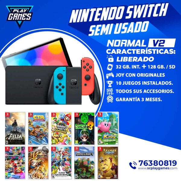 Nintendo Switch v2 - Neon / Semi usado (Desbloqueado) con juegos instalados