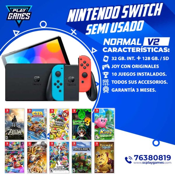 Nintendo Switch v2 - Neon / Semi usado (Desbloqueado) con juegos instalados
