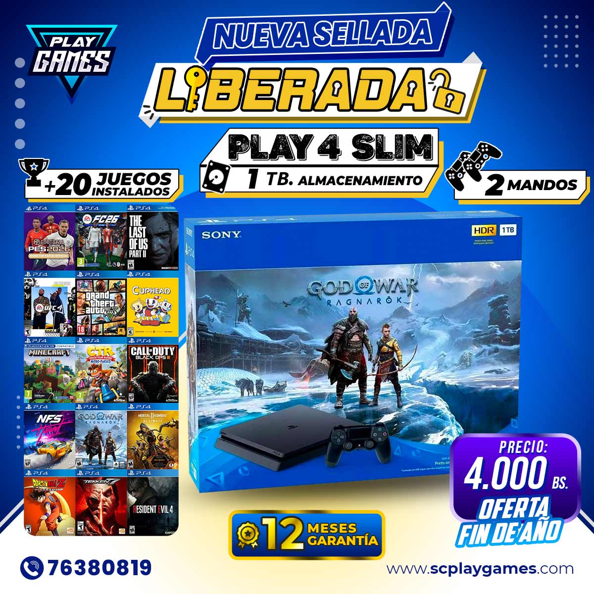 PlayStation 4 Slim 1 TB. (Nueva Sellada) LIBERADA + 20 juegos instalados