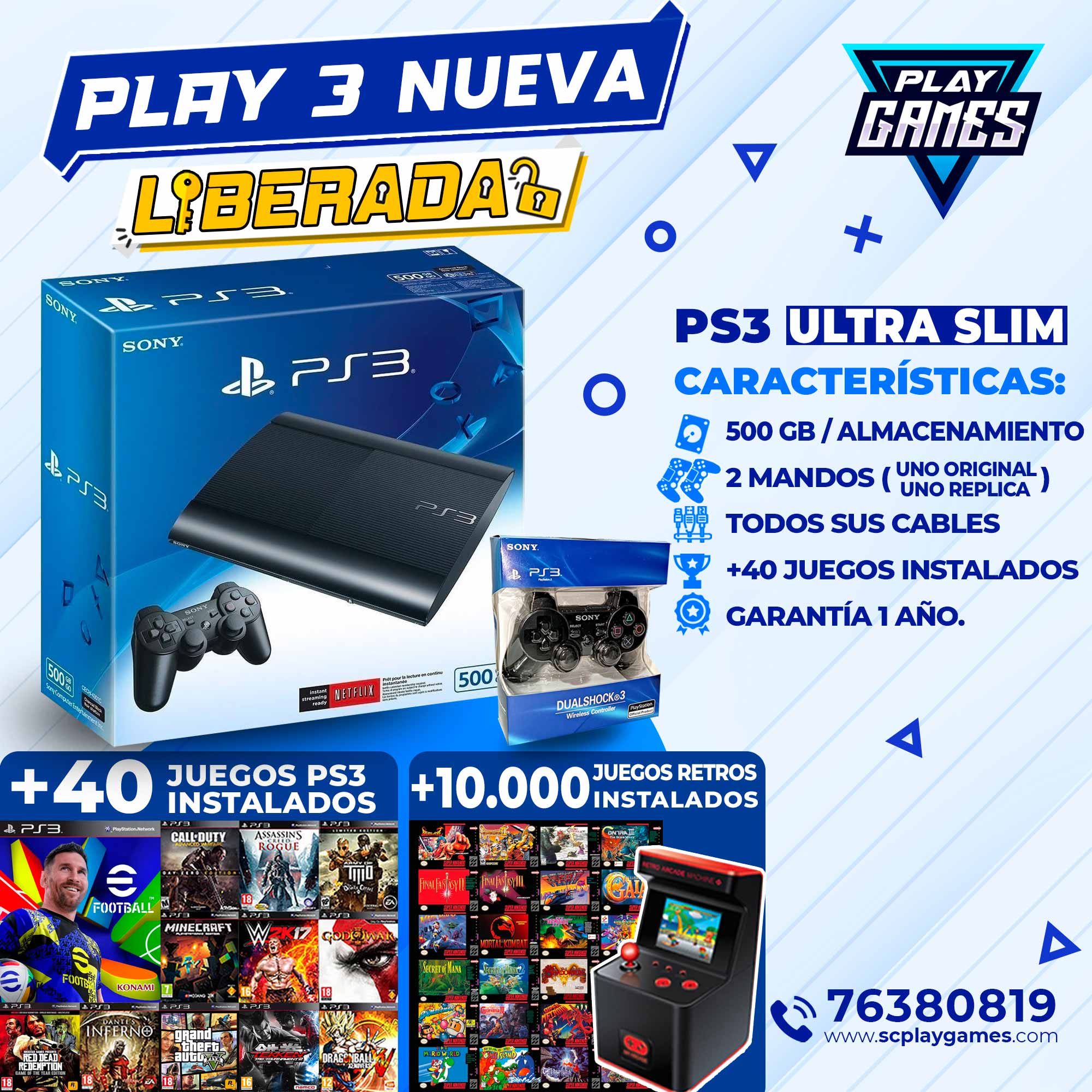 PlayStation 3 Ultra Slim 500 GB. (Nueva) LIBERADA
